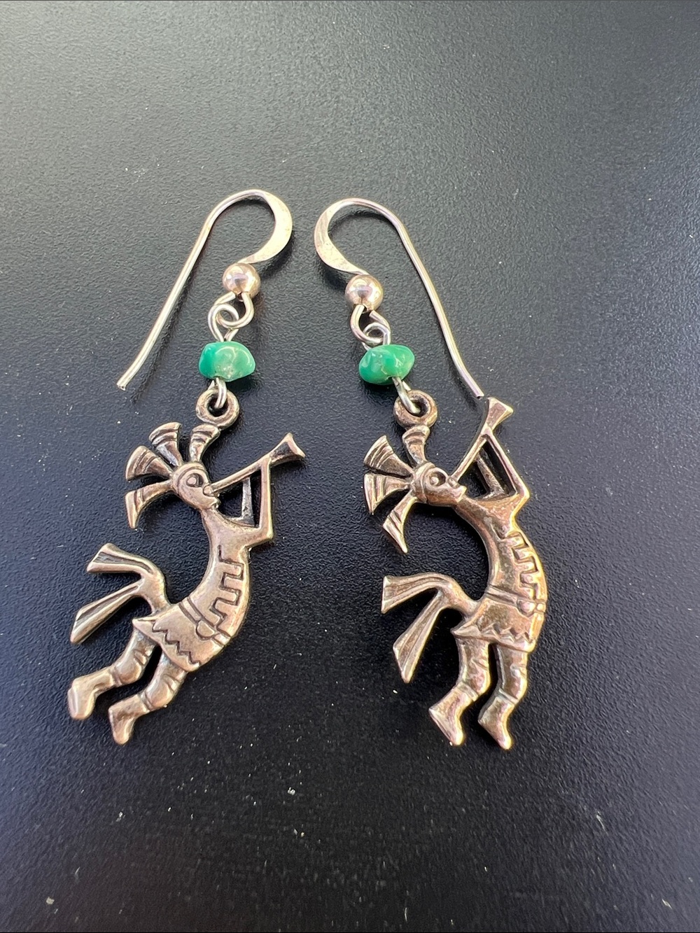 Sterling Kokopelli Dangle Earrings with Green Bead